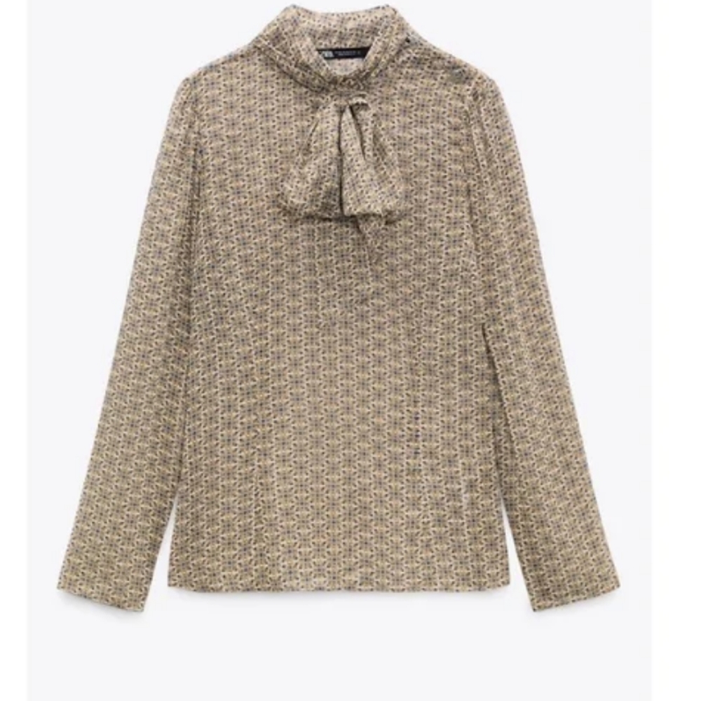Zara Neutral Geo-Print Tie-Neck Long Sleeve Blouse